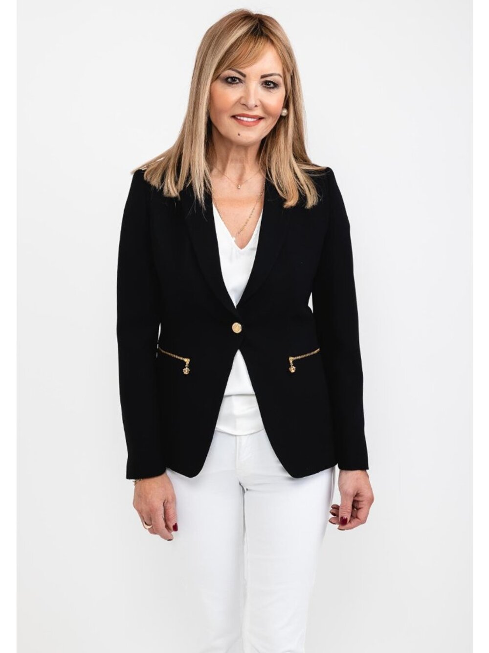 Calvin Klein Blazer Jacket Womens Size 8 Black Gold Zipper Pockets Single Button